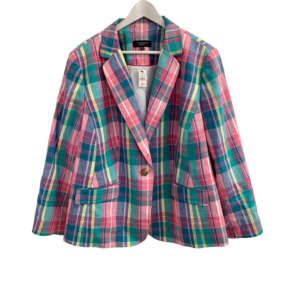 Talbots Plus Petite Linen Mix Blazer Madras Plaid Pink Yellow Blue Teal Sz 22WP